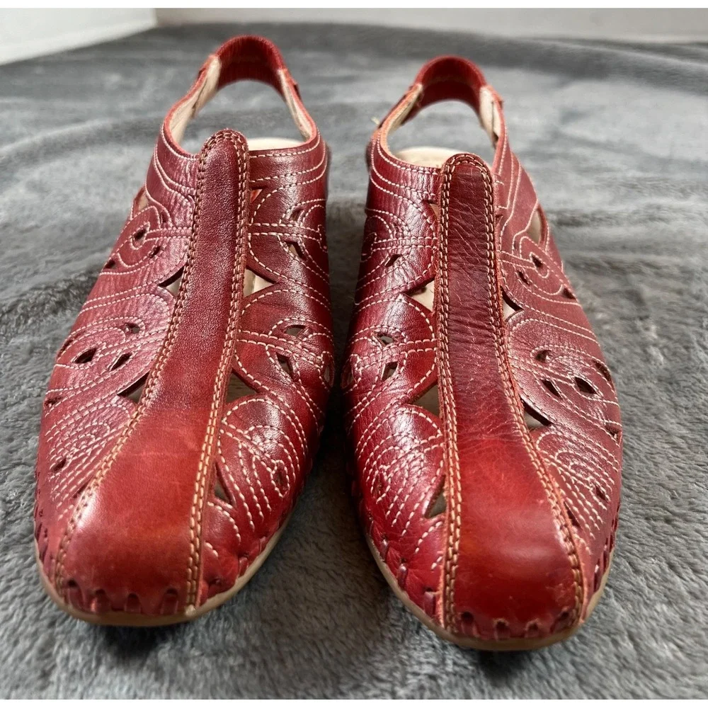 Pikolinos Cutout Wedge Sandals US 7.5 EU 38  Red Leather Boho Lagenlook Comfort